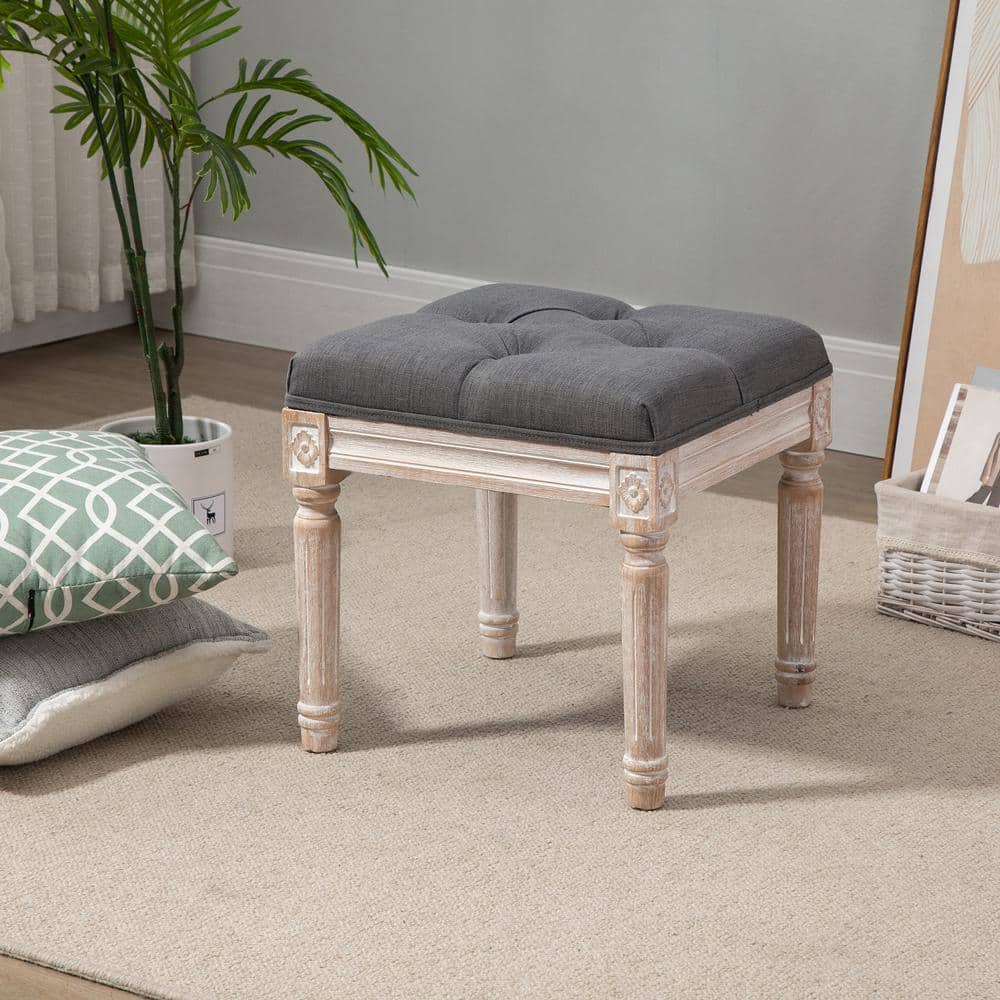 Vintage Grey Linen Tufted 54cm Lightweight Footstool