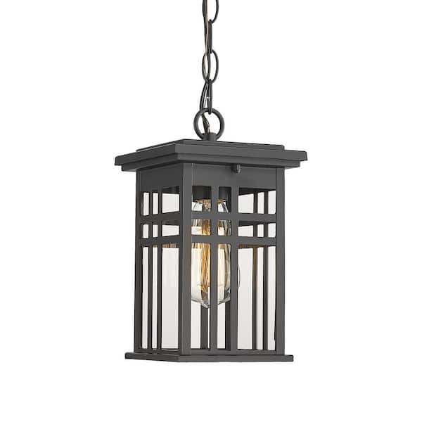 JAZAVA 10.2 in. Black1-light Metal Dimmable Outdoor Pendant Light with Clear Glass and No Bulbs Included
