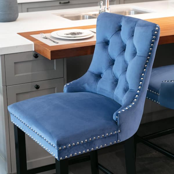 26 in. Blue Contemporary Velvet Barstools with Button Tufted Back, Wooden Legs and Chrome Nailhead Trim (Set of 2)