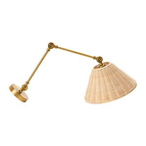 Coastal Adjustable Wall Sconce with Neutral Beige Rattan Shades in Gold
