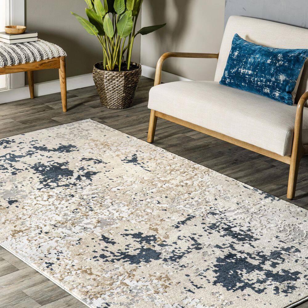 Light Grey and Beige Abstract Stain-Resistant Synthetic Area Rug