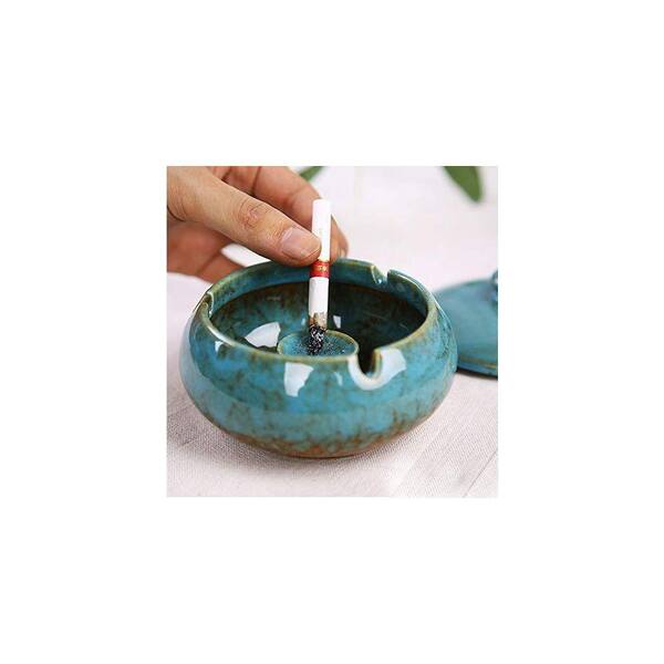 Augbeer 4.5 in. x 4.5 in. Blue Ceramic Ashtray with Lid and