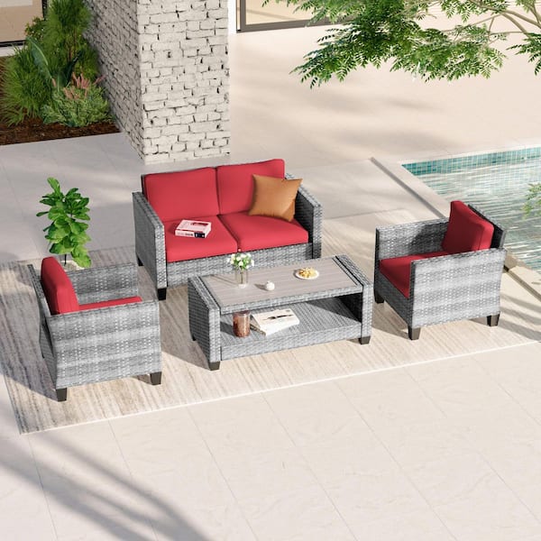 4-Pieces Patio Conversation Set Outdoor Loveseat Sofa with Coffee Table Gray Wicker Removable Rust Red Cushions