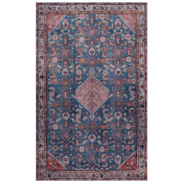 Tucson Blue/Rust 8 ft. x 10 ft. Machine Washable Ornate Aztec Area Rug
