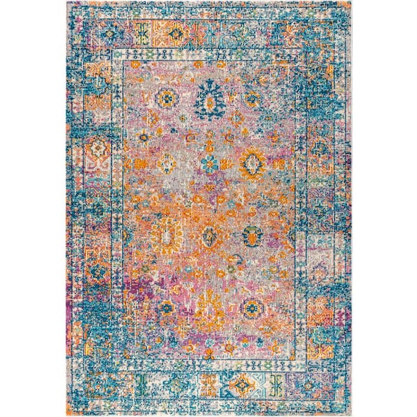 Hauteloom Tigris Barley Bohemian Rustic Vintage Distressed Farmhouse Area Rug - 5'3 Round - Black, Blue, Navy, Fuchsia