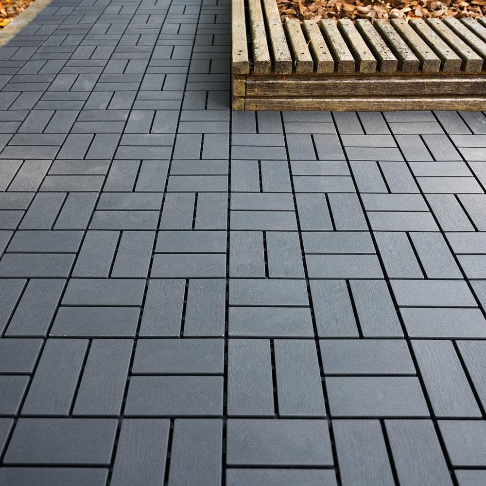 12 in. x 12 in. Dark Gray Square Plastic Interlocking Waterproof All Weather Staight Groove Deck Tiles (Pack of 44) price history on PriceWatchPro