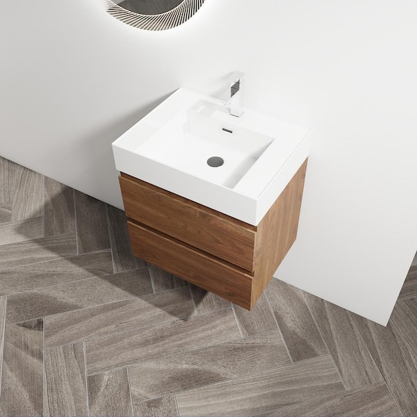 23.6 in. Wall Mounted Brown Oak Bath Vanity with White Thick Edge Resin Top and Sink Unassembled