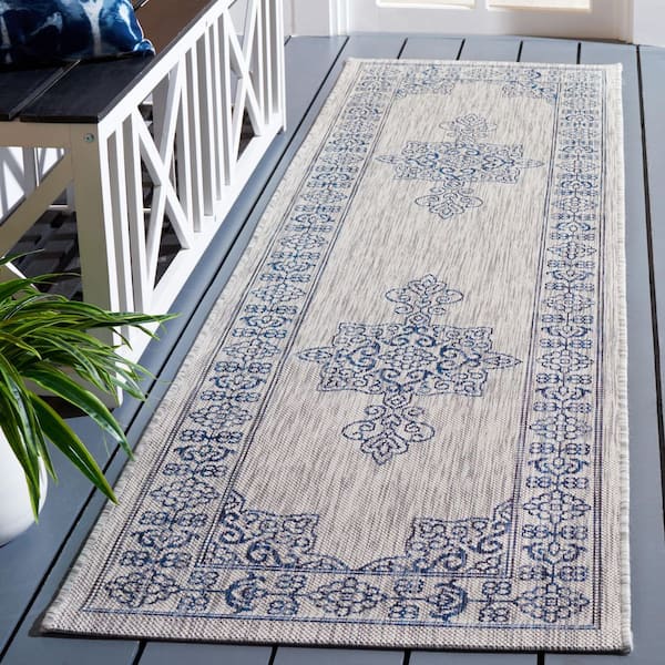 Courtyard Gray/Navy 2 ft. x 7 ft. Border Medallion Indoor/Outdoor Runner Rug