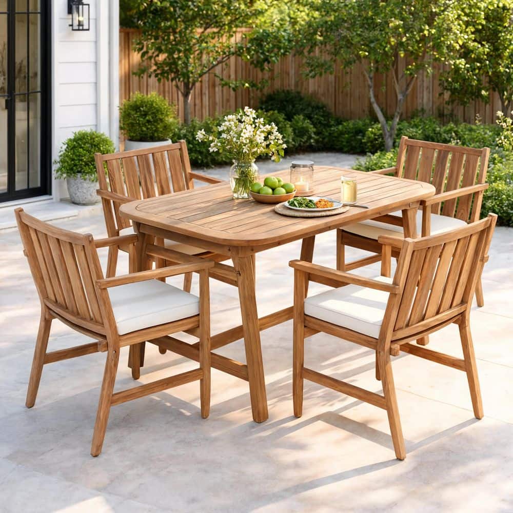 Livia Teak Finish 5-Piece Wood Patio Outdoor Dining Set with Extendable Table and Beige Cushions price history on PriceWatchPro