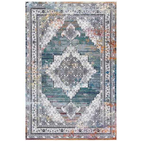 SAFAVIEH Aria 5 ft. x 8 ft. Ivory/Blue Traditional Medallion Area Rug ...