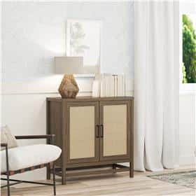 Lystra 2 Door Storage Cabinet, Medium Brown and Faux Rattan