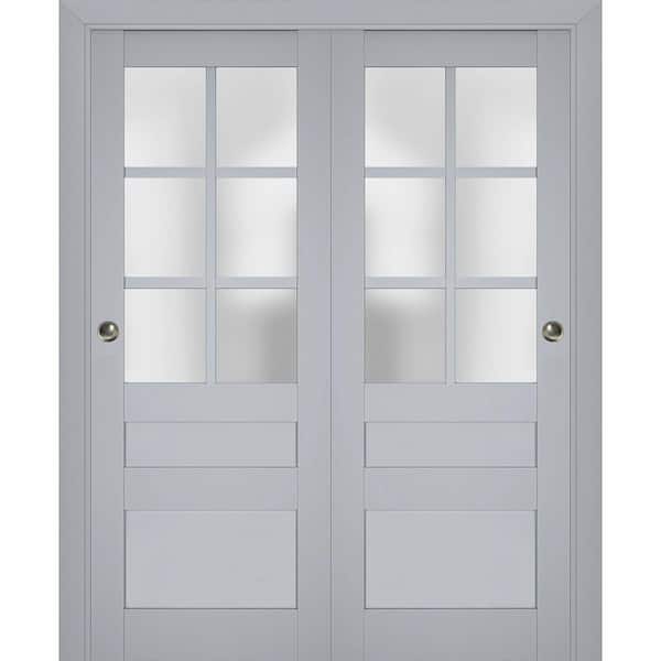 60 in. x 96 in. 2 Panel Matte Grey Finished Solid Wood Sliding Door with Hardware