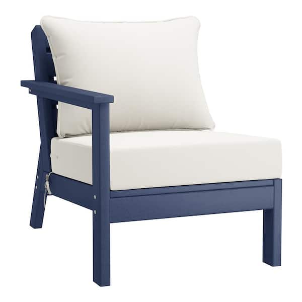 Birchwood Outdoor Patio Deep Seating Left Facing Arm HDPE Lounge Chair in Navy Blue with White Cushions