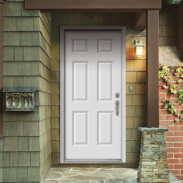 36 in. x 80 in. 6-Panel Primed White Fiberglass Prehung Front Door with Brickmould 36 in. x 80 in. 6-Panel Primed White Fiberglass Prehung Front Door with Brickmould