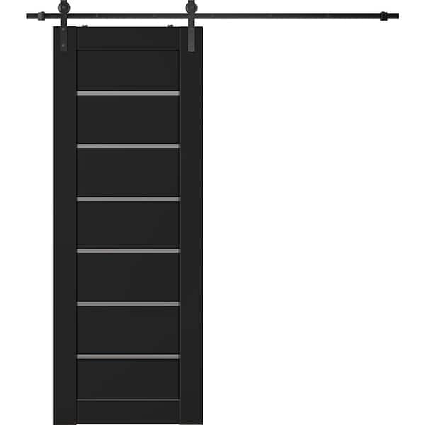 Belldinni Alba 18 in. x 96 in. 7-Lite Frosted Glass Black Matte Wood Composite Sliding Barn Door with Hardware Kit