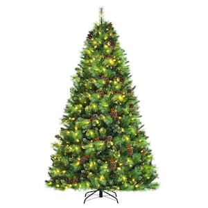 8 ft Pre-Lit Hinged Artificial Christmas Tree with Pine Cones and Red Berries