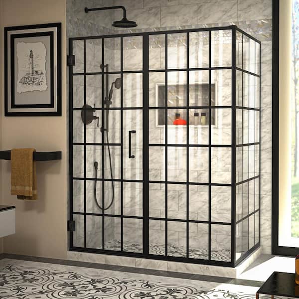 Unidoor Toulon 34 in. D x 58 in. W x 72 in. H Frameless Corner Hinged Shower Enclosure in Matte Black
