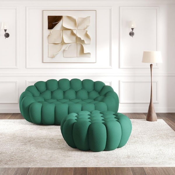Magic Home (Set of 2) Bubble Curved Sofa, 78 in. Mesh Fabric Sectional Sofa Floor Loveseat with Ottoman for Apartment in Green