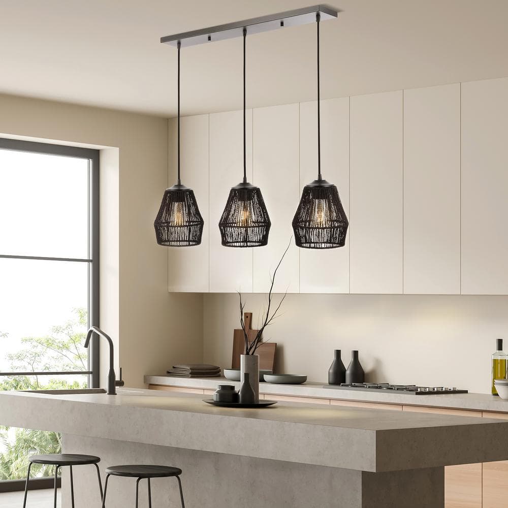 Ibiza Island Black Woven Rope and Metal 3-Light LED Pendant