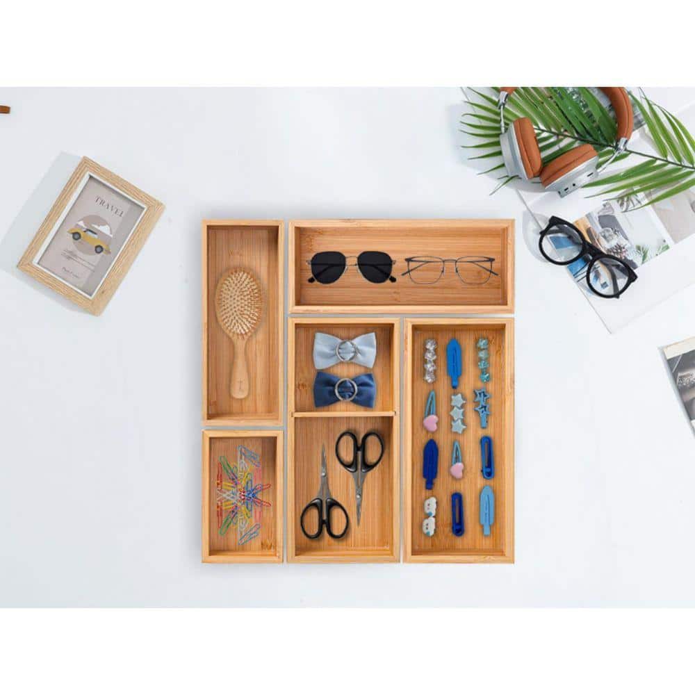 Natural Bamboo 5.7 in. x 3.5 in. Drawer Organizer Set of 5 for
