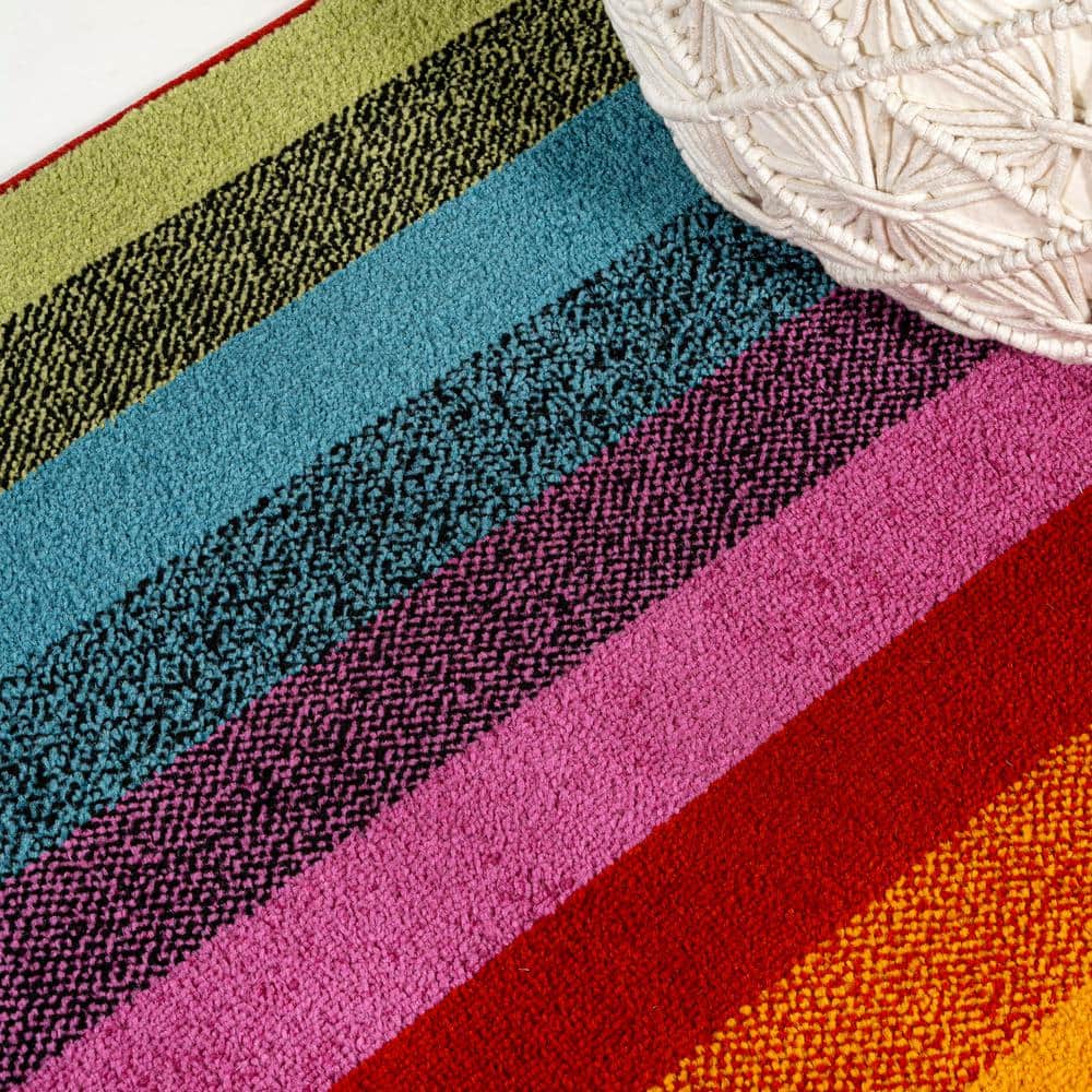 Retro Rainbow Multi-Color Synthetic Stripe Kids Area Rug 3' x 5'