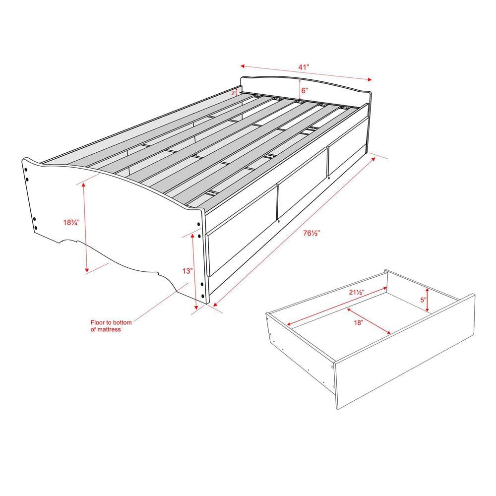 White Twin Wood Frame Platform Storage Bed with Drawers