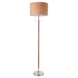 65 in. Brushed Nickel Vintage Torchiere Standing Floor Lamp with Wood Grained Drum Shade
