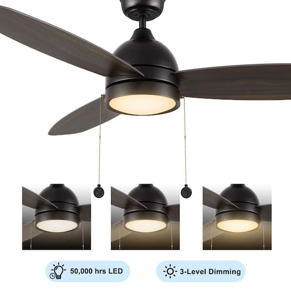 Troyes 52 in. Indoor Black Downrod Standard 3-Speed DC Ceiling Fan with Dimmable LED and Pull Chain