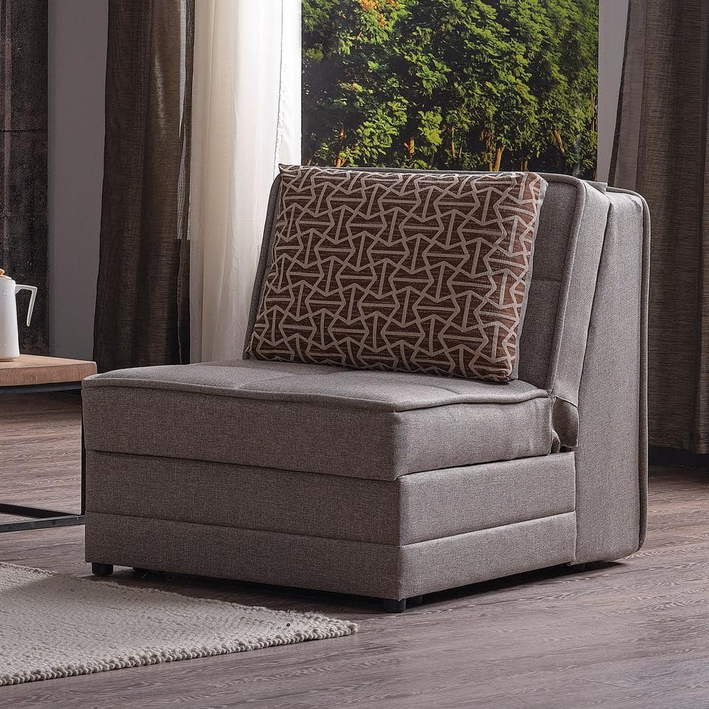 Beige Chenille Metal Frame Armless Sleeper Chair with Storage