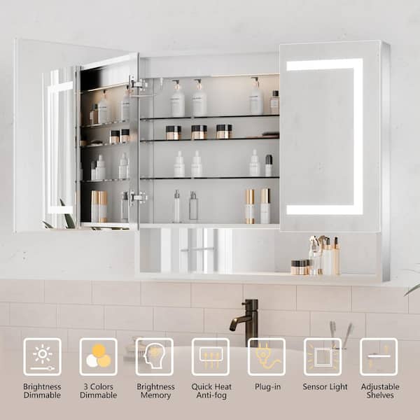 ExBrite Vilara 36-in x 32-in Lighted LED Fog Free Surface/Recessed Mount Silver Mirrored Soft Close Medicine Cabinet with Outlet