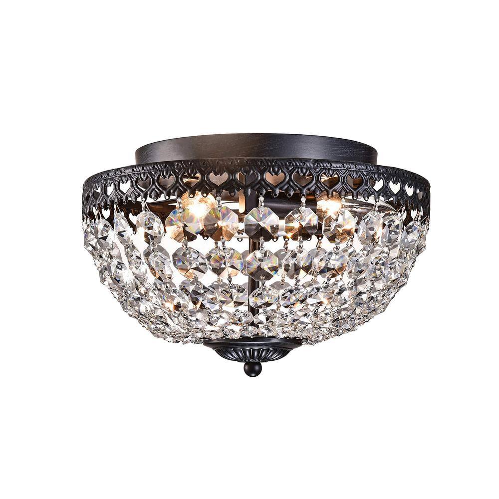 Antique Bronze and Crystal Flush Mount Chandelier