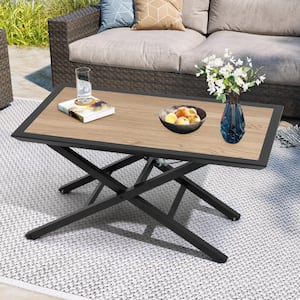 Patio Rectangular Black Frame Wood Grain Table Top Liftable Outdoor Dining Table