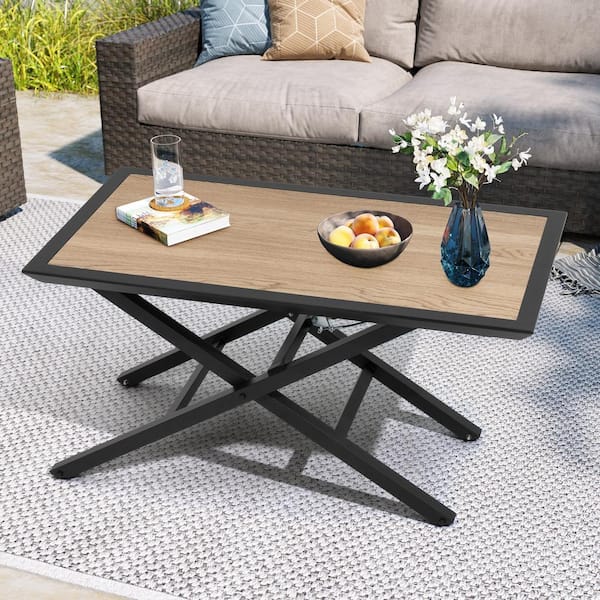 Pellebant Patio Rectangular Black Frame Wood Grain Table Top Liftable Outdoor Dining Table