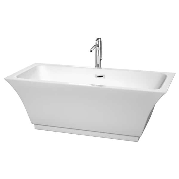 Wyndham Collection Galina 67 in. Acrylic Flatbottom Center Drain Soaking Tub in White with Polished Chrome Trim and Floor Mounted Faucet