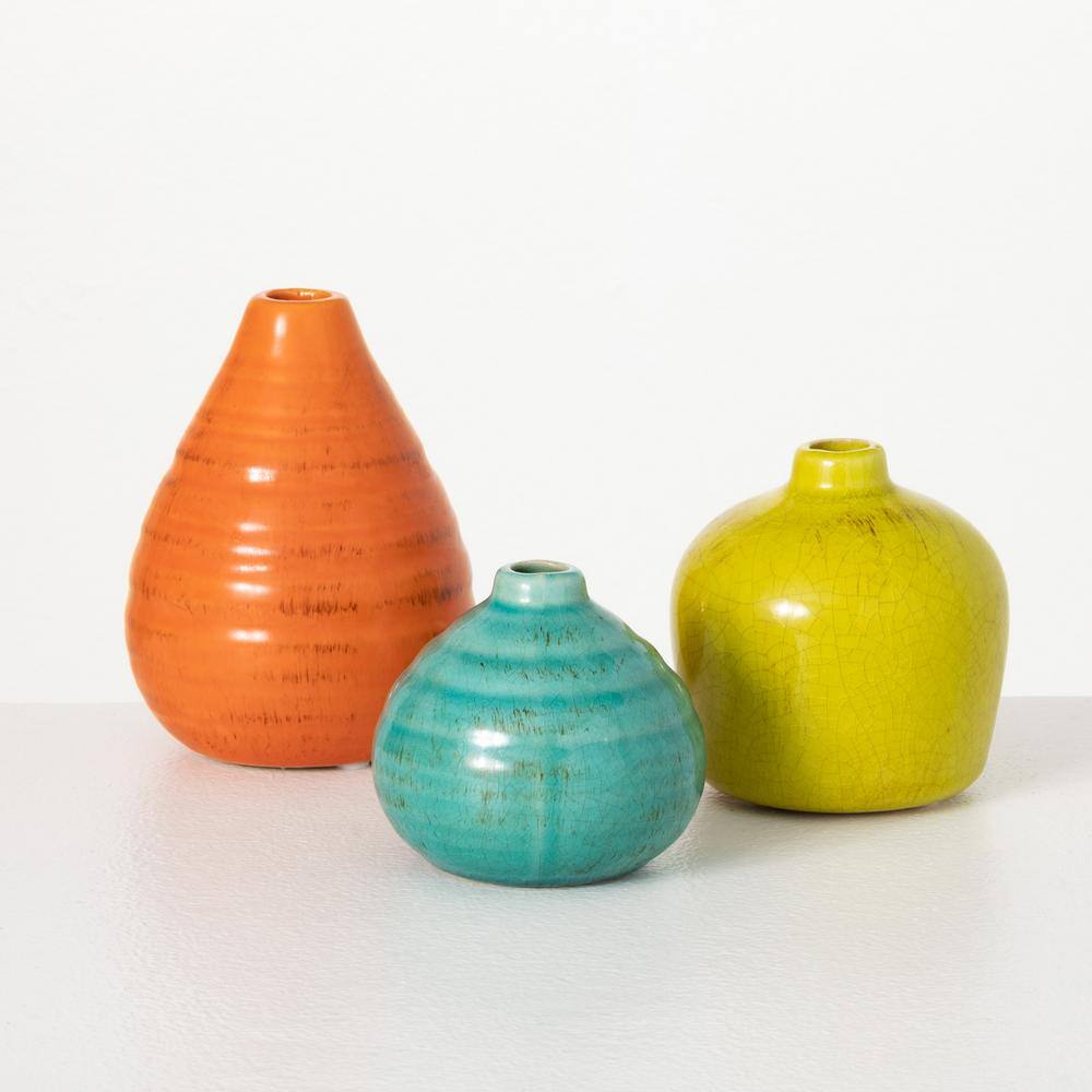 Set of 3 Multicolored Ceramic Bud Vases in Orange, Yellow, and Teal