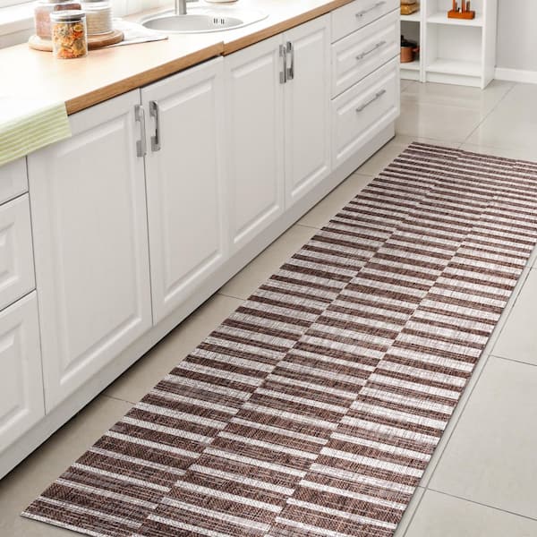 Sukie Modern Offset Stripe Brown/Beige 2 ft. x 8 ft. Indoor/Outdoor Runner Rug