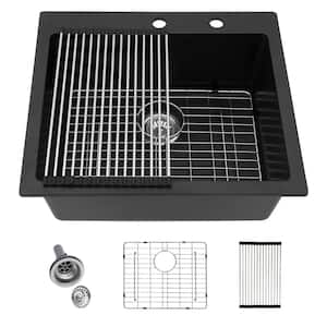 25 in. Drop-In Single Bowl Black Qt. Composite Kitchen Sink with Bottom Grids and Strainer