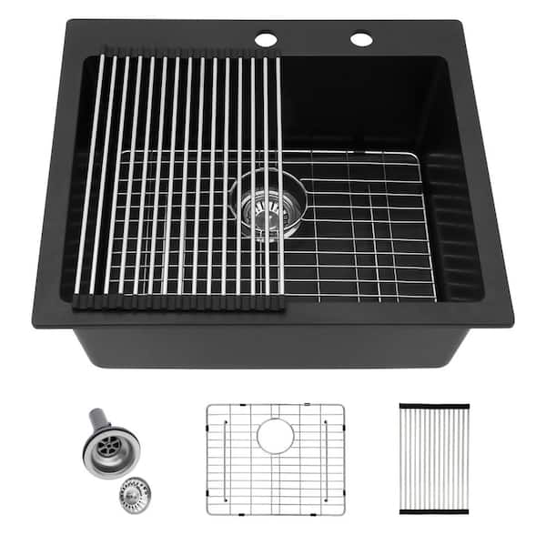 Logmey 25 in. Drop-in Single Bowl Black Quartz Composite Kitchen Sink with Bottom Grids and Strainer