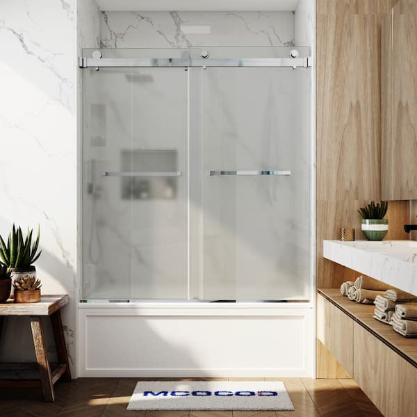 MCOCOD 56-61 in. W x 66 in. H Double Sliding Frameless Smooth Sliding Tub Door in Chrome with 3/8 in. Frosted Glass