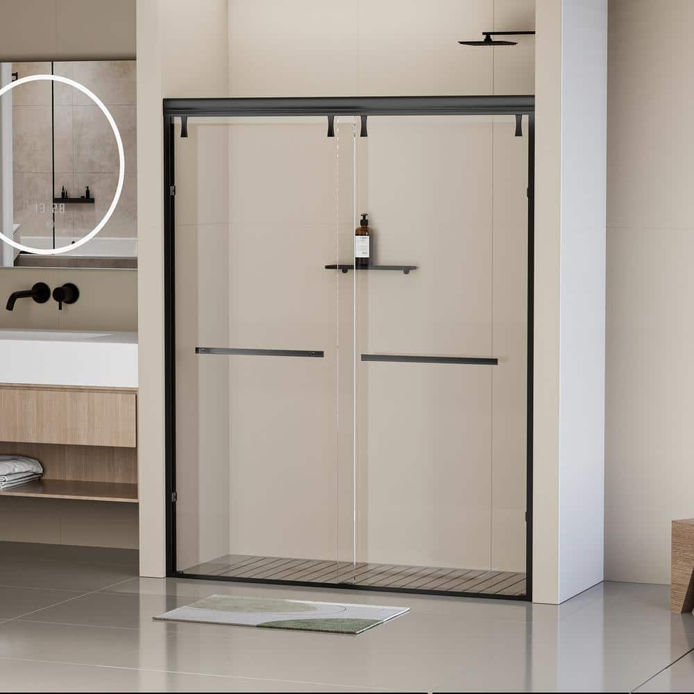Matte Black Semi-Frameless Double Sliding Shower Door with Clear Tempered Glass