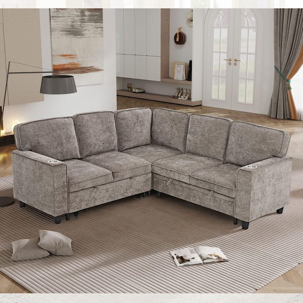 81 in. W 4-Piece L-Shaped Chenille Sectional Sofa in Light Brown with Storage, 5-Seat Sleeper Sofa Bed with USB Ports