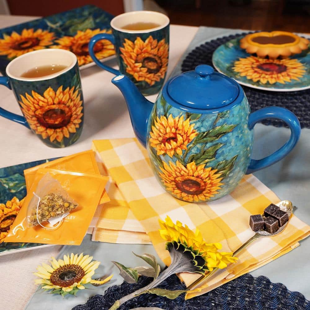 Golden Sunflowers Blue Earthenware Teapot, 36 oz