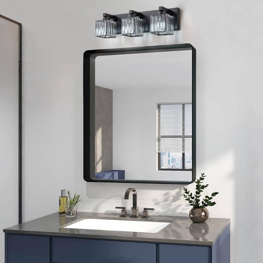 Black Metal 3-Light Vanity Fixture with Crystal Cube Shades