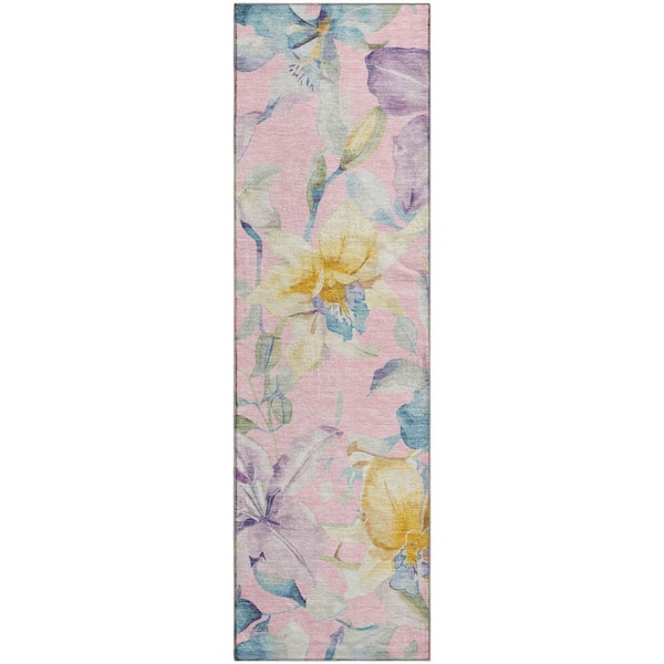 Mayfield Premium Machine Washable Abstract AMF2262 Pink 2 ft. x 7 ft. Runner Rug