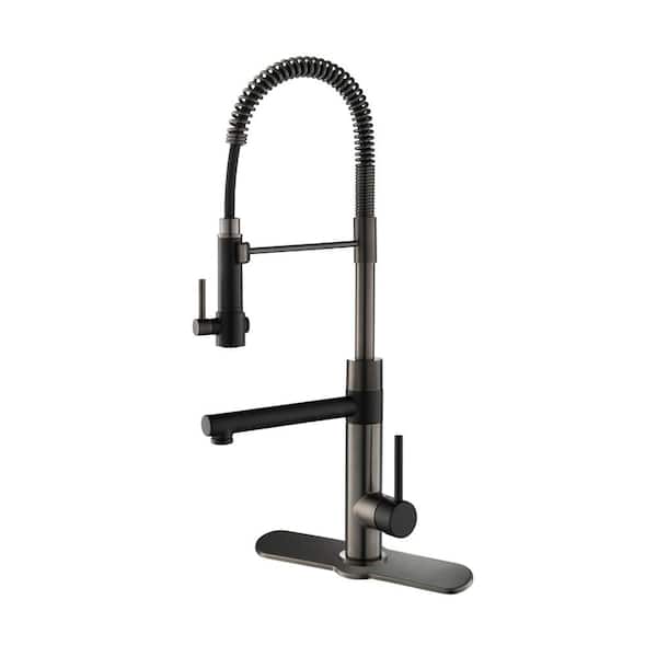 KRAUS Artec Pro Single-Handle Pull Down Sprayer Kitchen Faucet with Deck Plate in Matte Black/Black Stainless Steel Finish