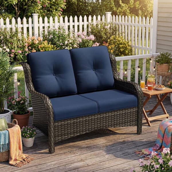2-Seat Wicker Outdoor Patio Loveseat Sofa Couch with Soft Blue Cushions