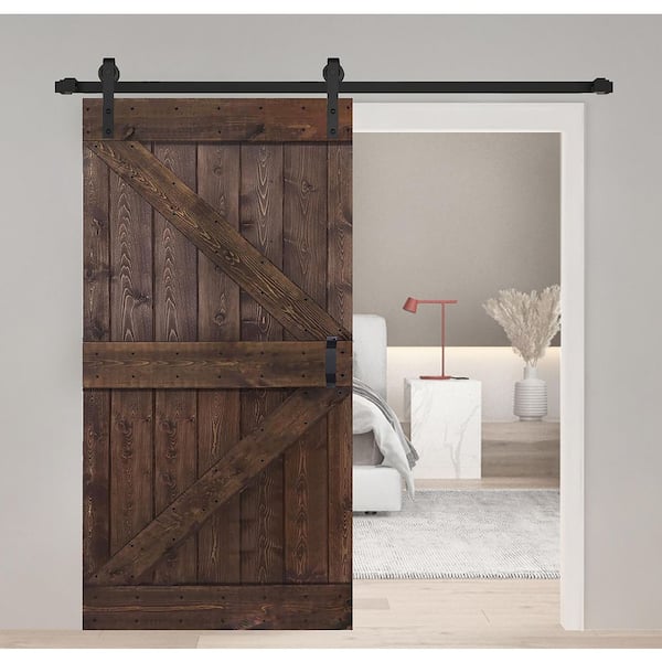 ISLIFE K-Style 42 in. x 84 in. Kona Coffee Finished Soild Wood Sliding Barn Door with Hardware Kit - Assembly Needed