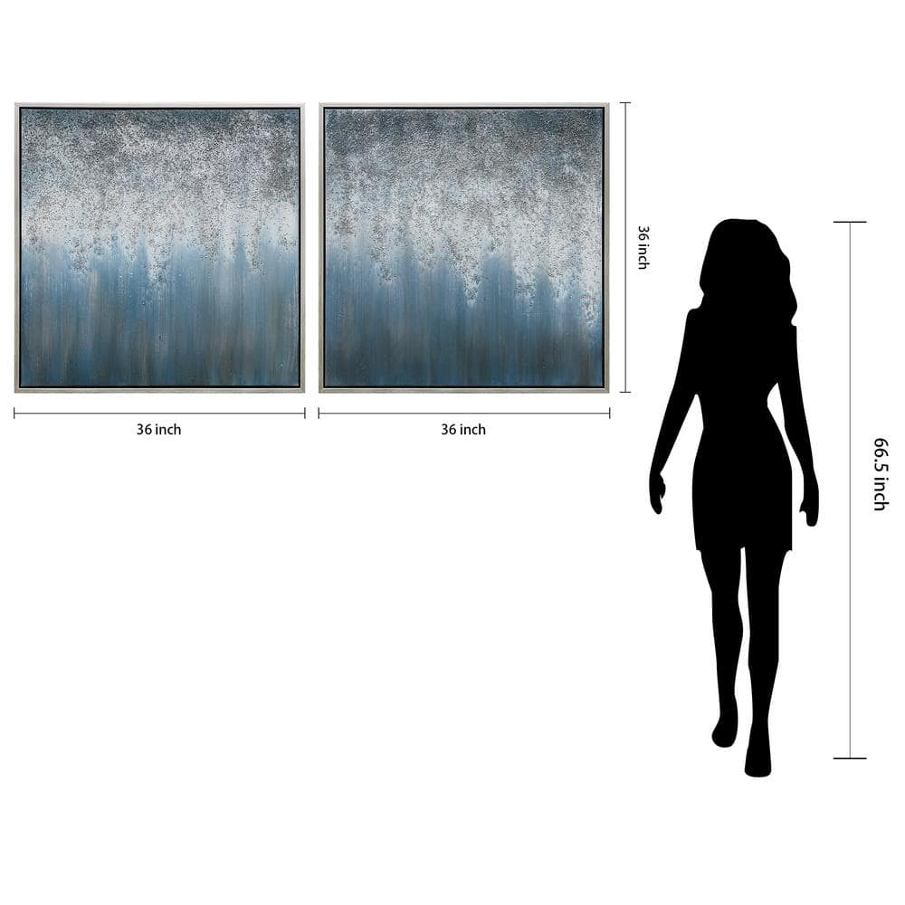 Large Blue and Silver Abstract Canvas Painting with Metallic Accents