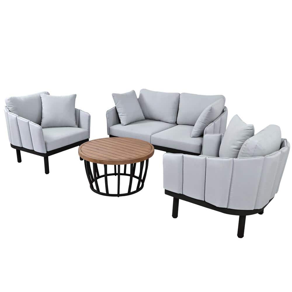 Gray 4-Piece Iron Wood Patio Conversation Set with Acacia Wood Round Coffee