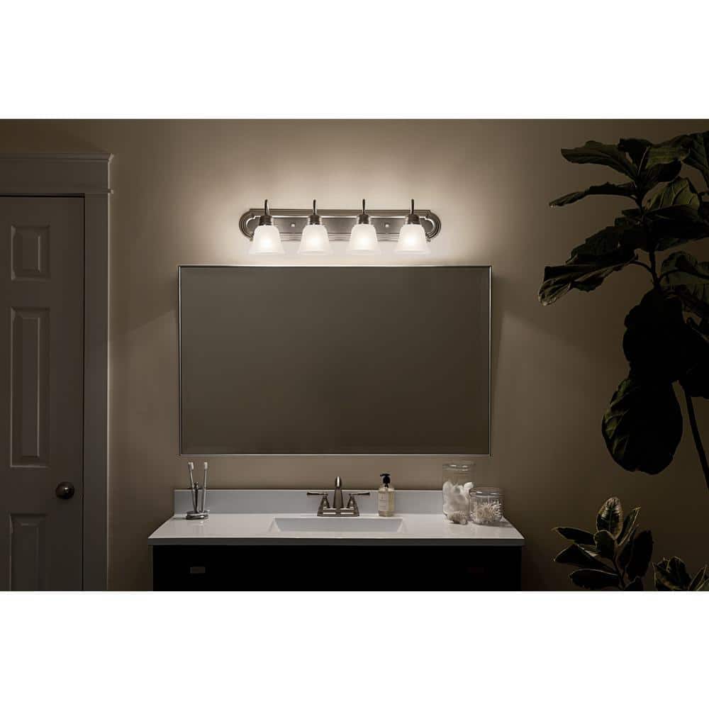 Brushed Nickel 30" 4-Light Vanity Light with White Bell Shades
